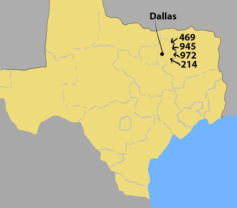 945 Area Code Map