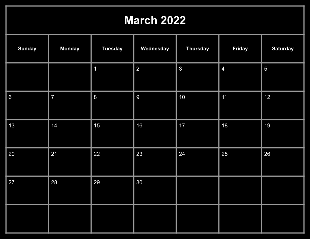 Black March 2022 Calendar