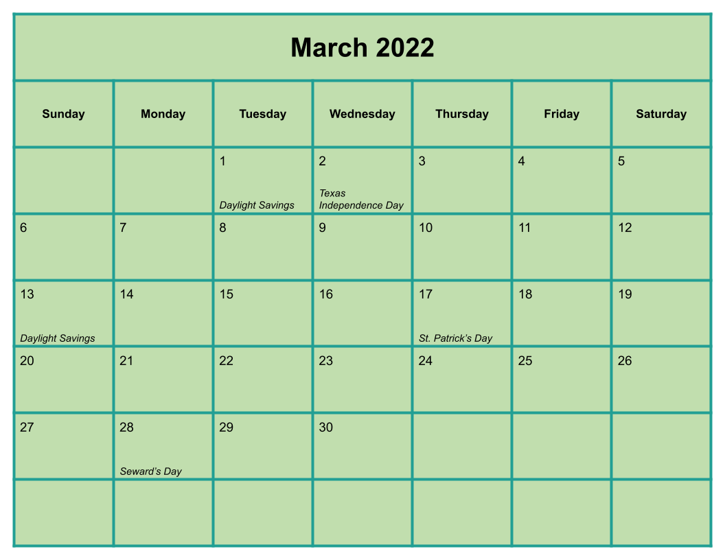 Blank Green March 2022 Calendar