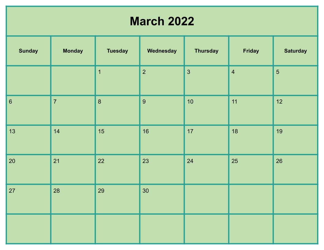 March 2022 Calendar in Green