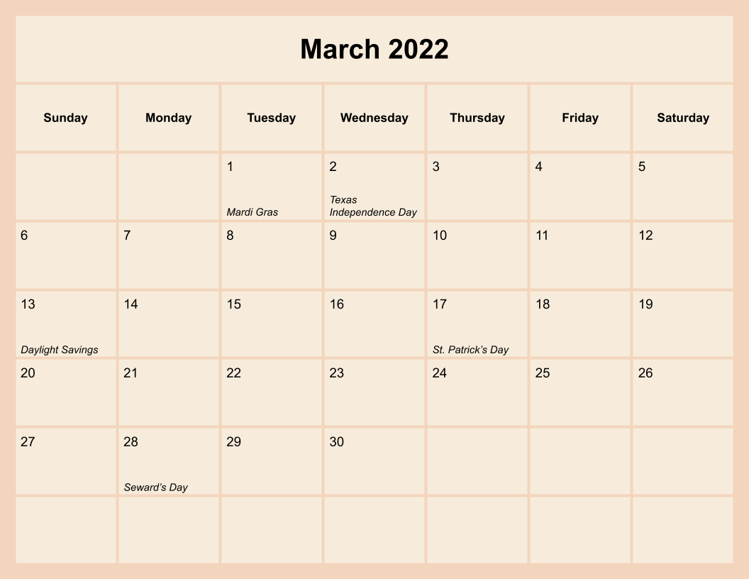 March 2022 Calendar With Holidays