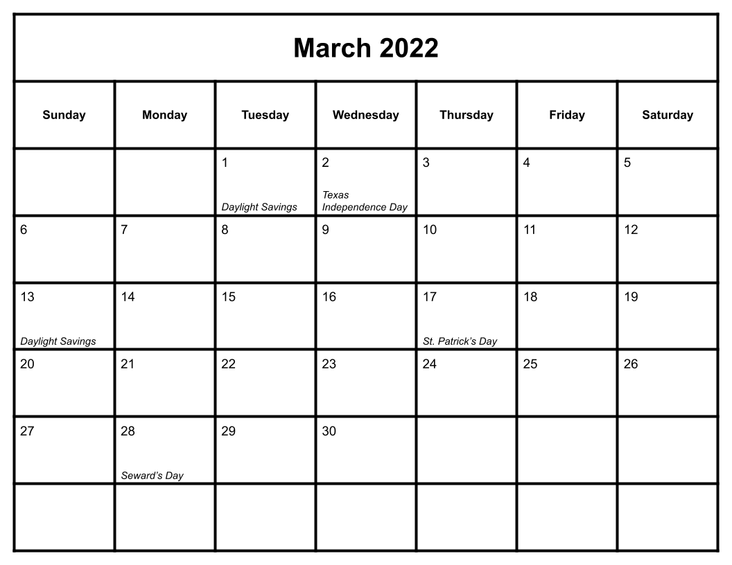 White March 2022 Calendar With Holidays