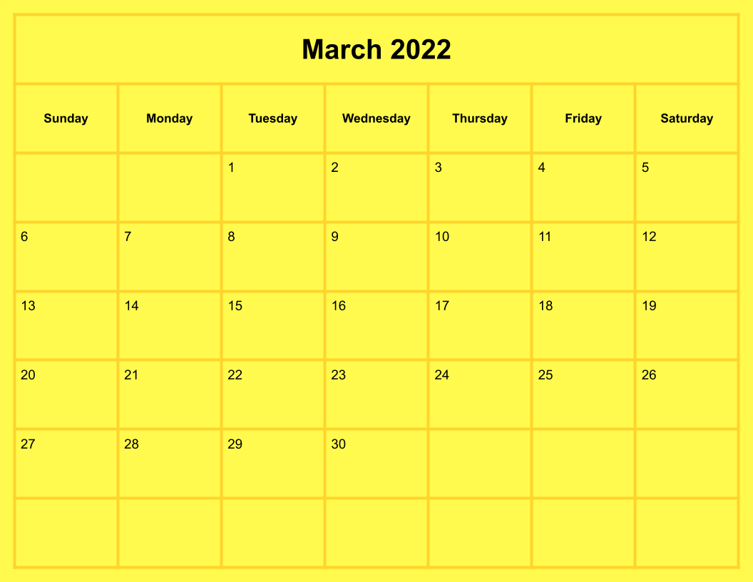 Blank March 2022 Calendar Yellow