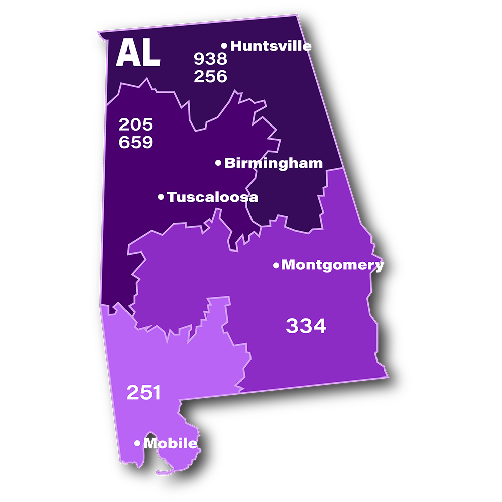 Map showing the 251 area code and others in alabama