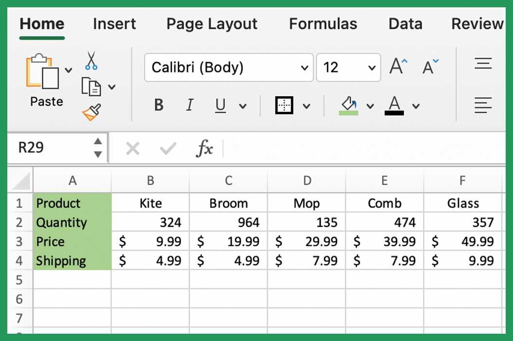 Data For HLOOKUP example