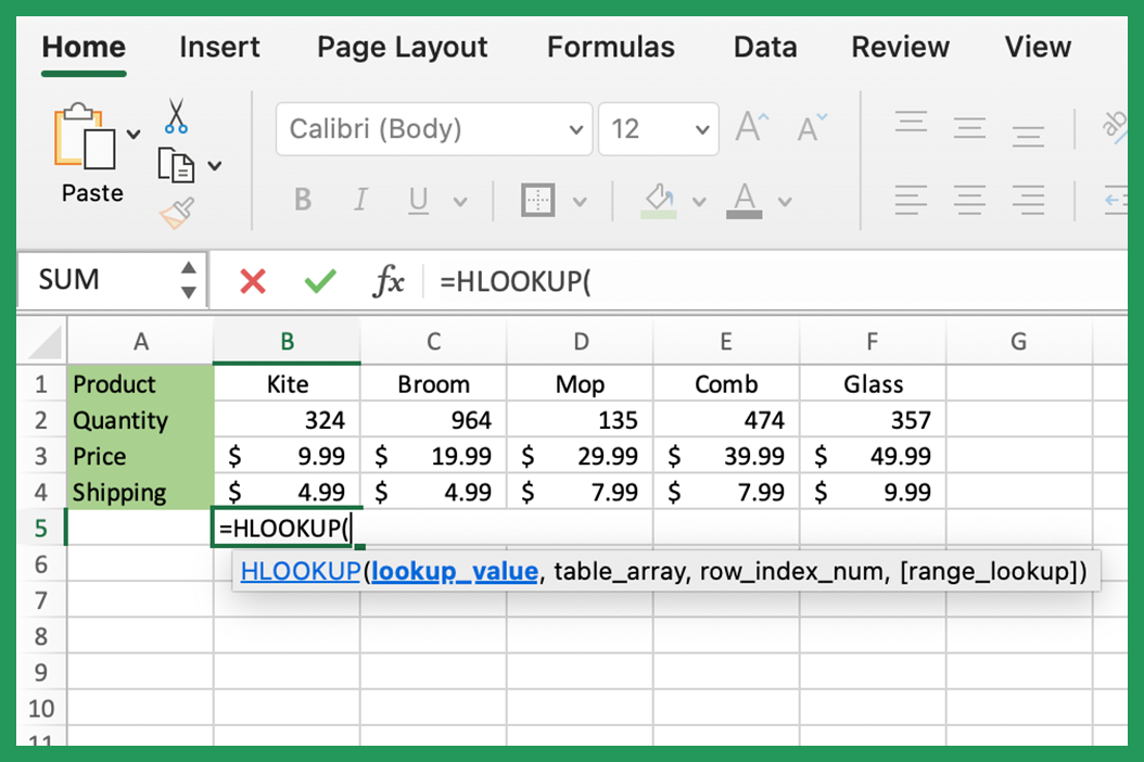 hlookup example