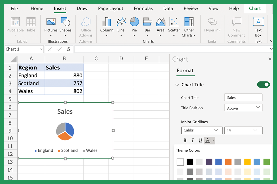 Screenshot showing how to change color in Pie Chart formatting.