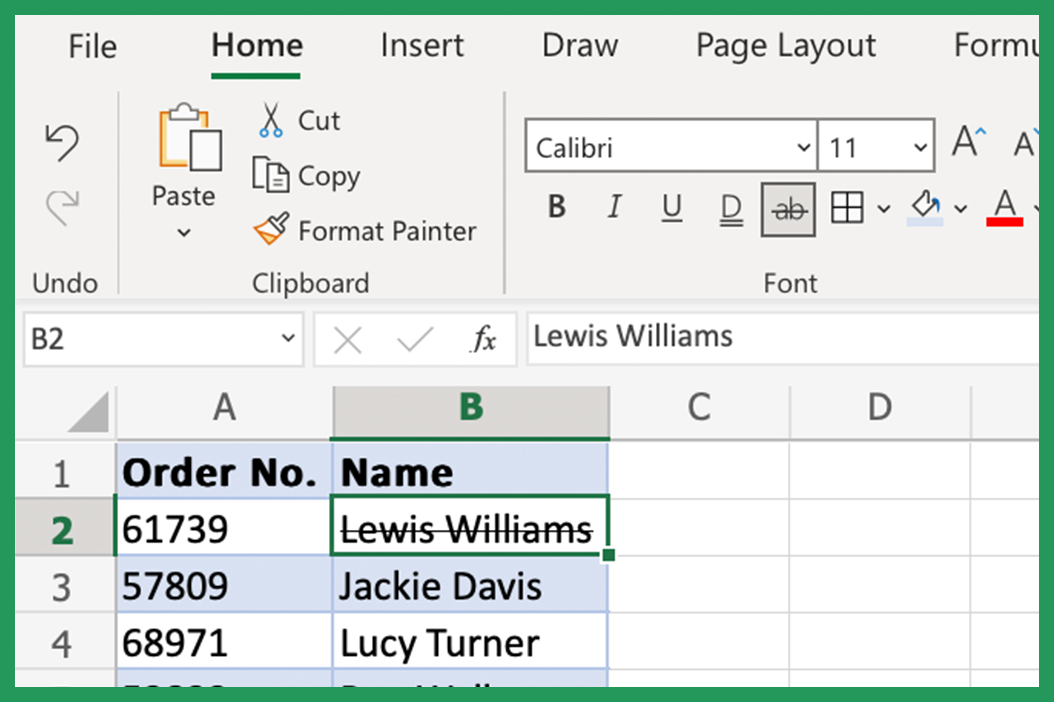 Screenshot showing Strikethrough button being used in Excel