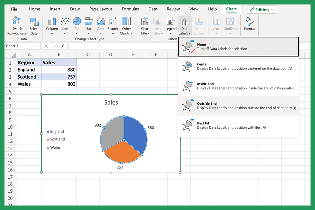 Screenshot showing how to add a data label to a pie chart in Excel