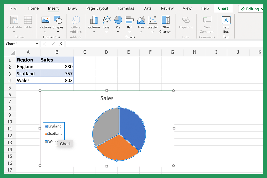 Screenshot showing how to add a Legend to an Excel Pie Chart