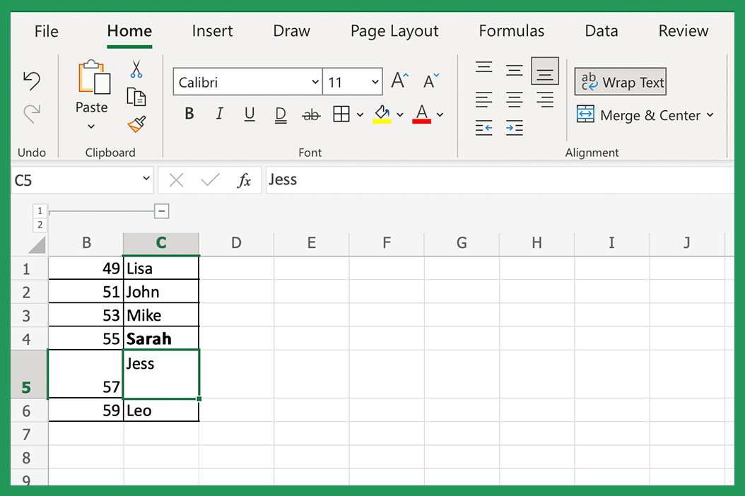 Screenshot showing added line break using Enter command in Excel