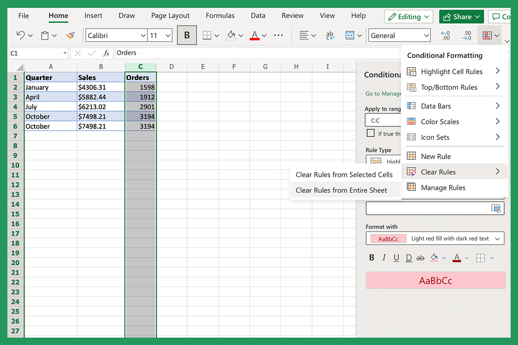 Screenshot showing how to clear conditional formatting rules