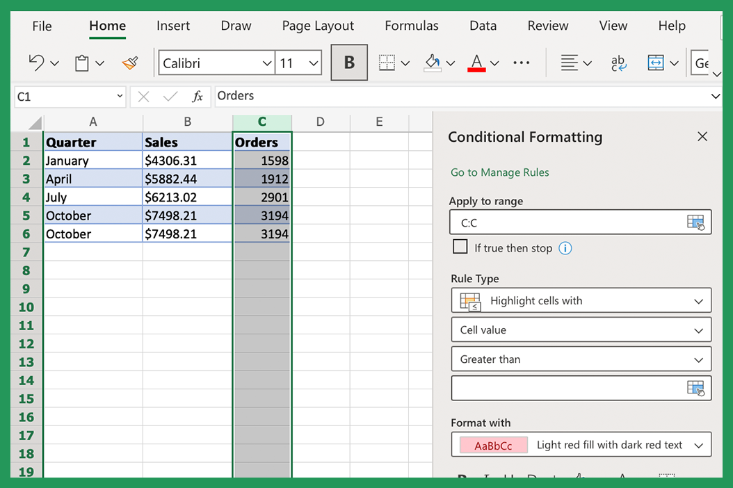 Screenshot showing how to select greater than conditional formatting option