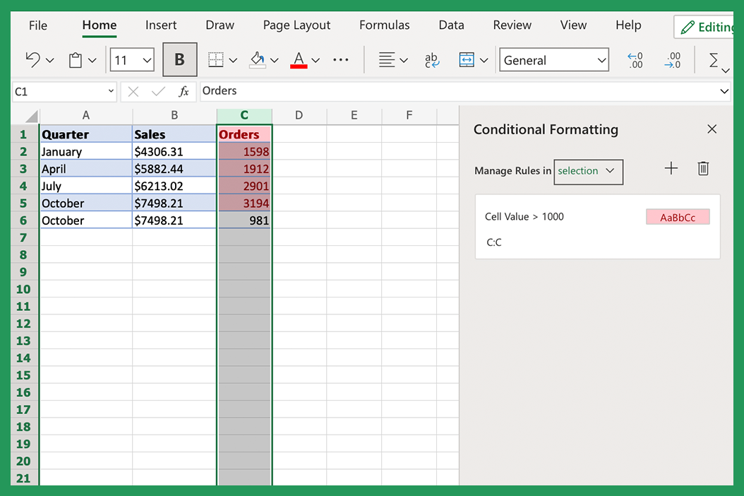 Screenshot showing cells over 1000, highlighted using conditional formatting rule.