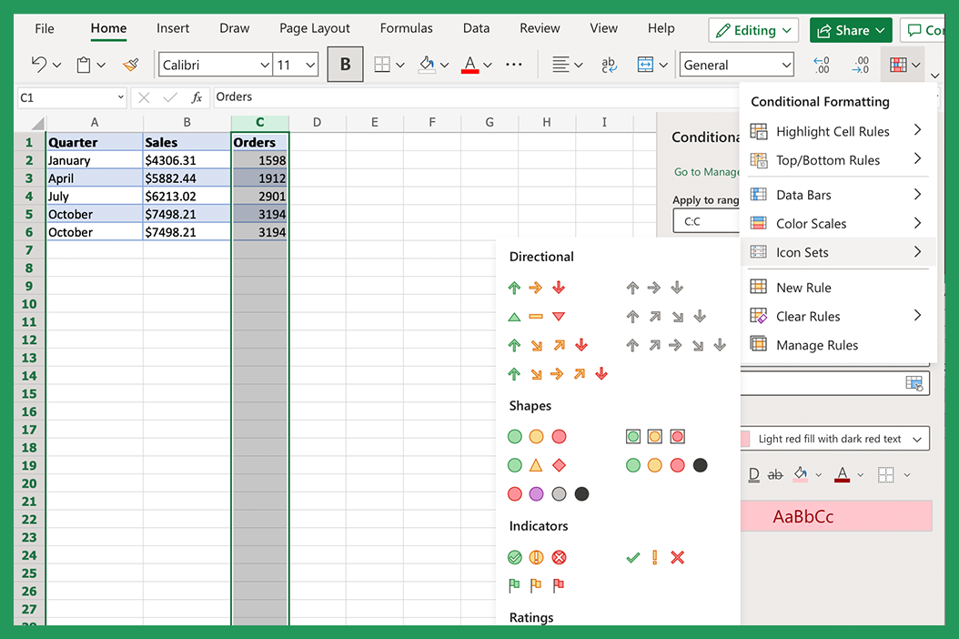 Screenshot showing how to create conditional formatting icon sets in Excel