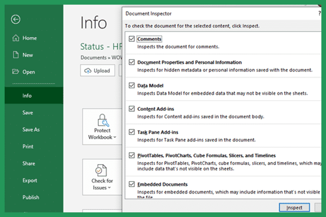 Screenshot of the Document Inspector tool in Excel