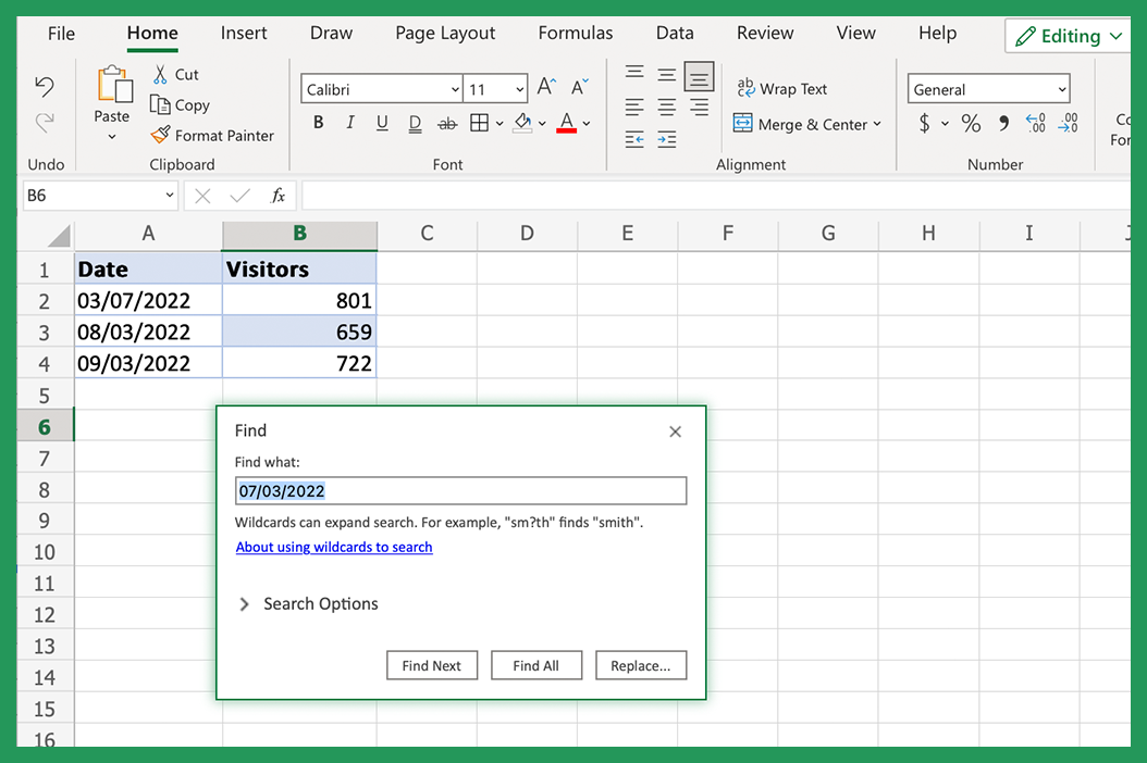 Find popup box by using Ctrl + F in Excel