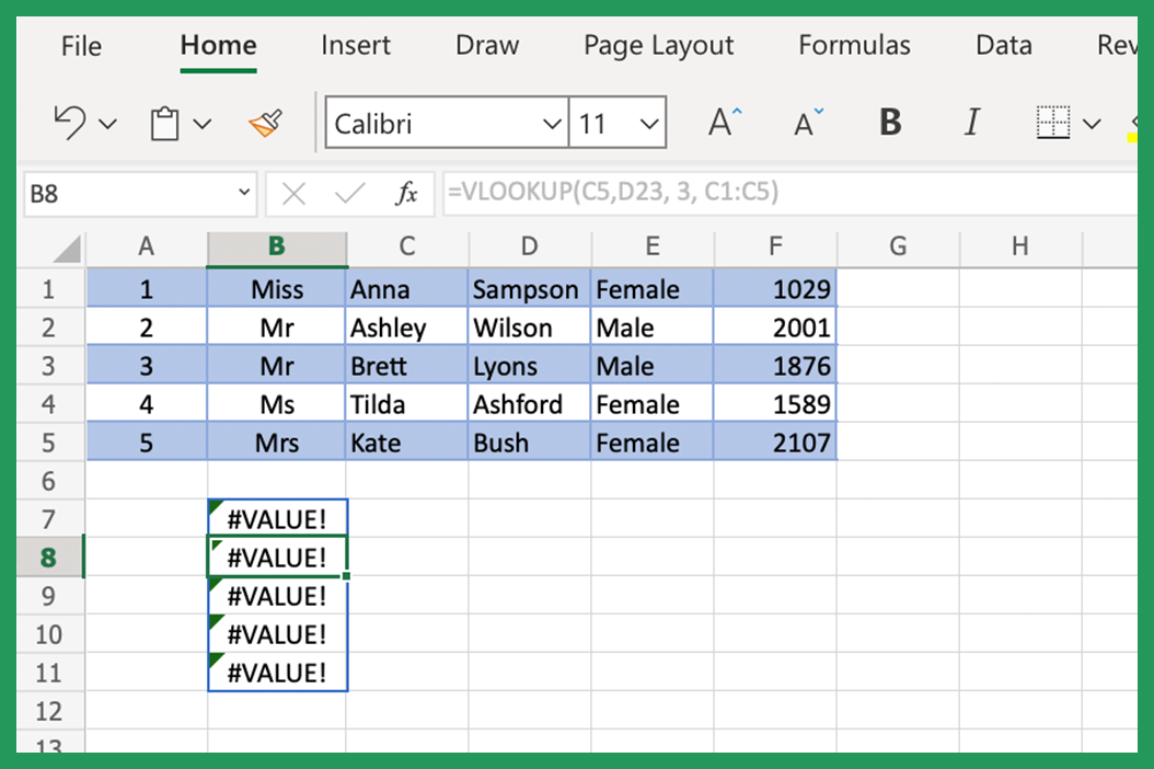 Screenshot showing VLOOKUP error message