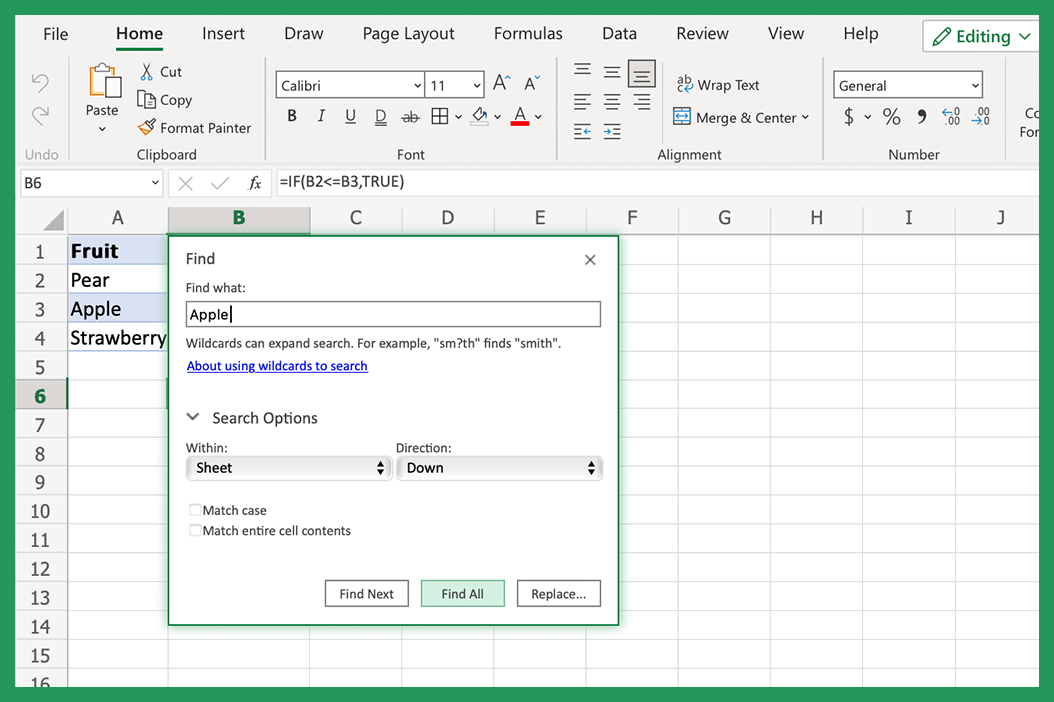 Screenshot showing how to find string in Excel