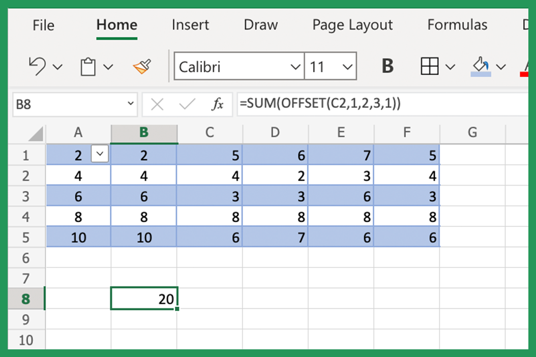 Using SUM OFFSET formula in Excel
