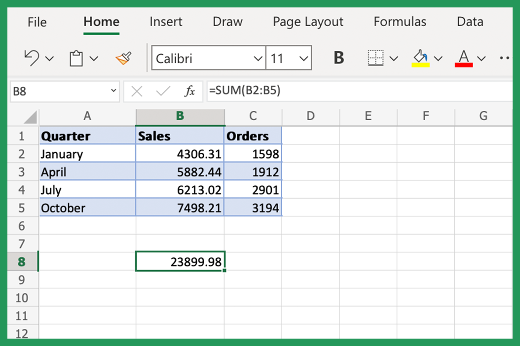 Screenshot showing SUM formula adding up Values in B Column