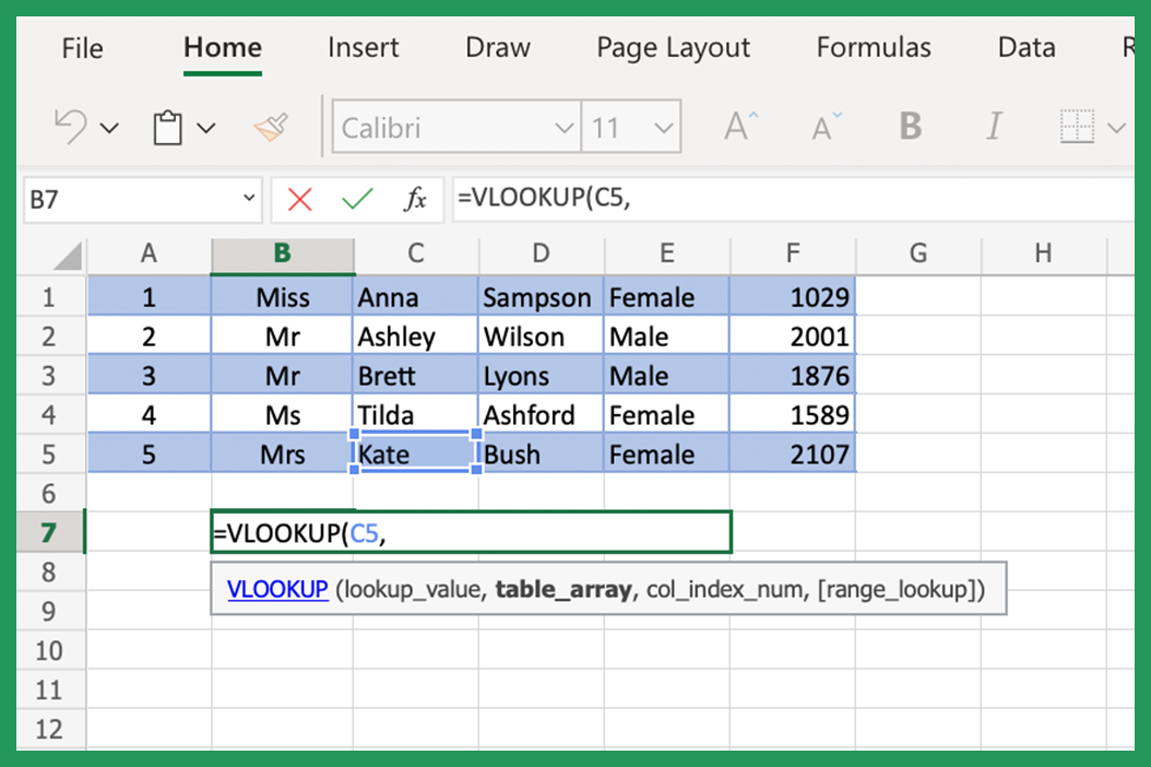 VLOOKUP formula with Lookup Value entered