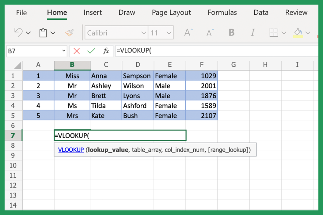 Screenshot showing VLOOKUP syntax in Excel