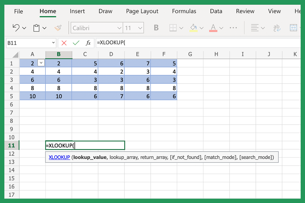Screenshot showing formula for XLOOKUP in Excel