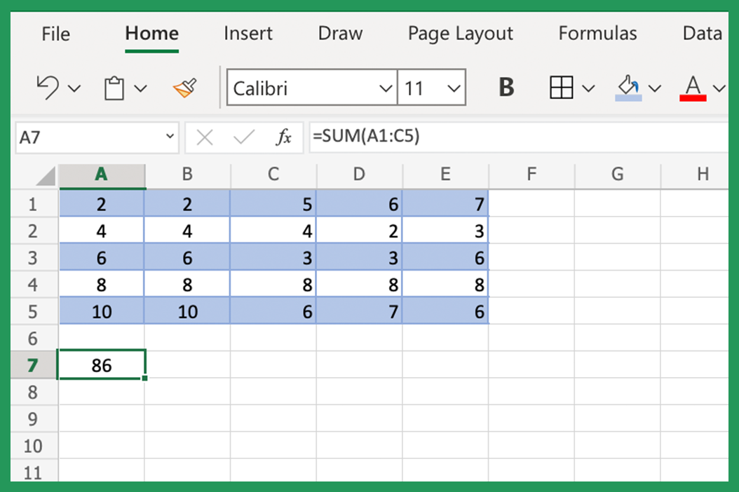 Screenshot of Excel table showing how to calculate data range using SUM