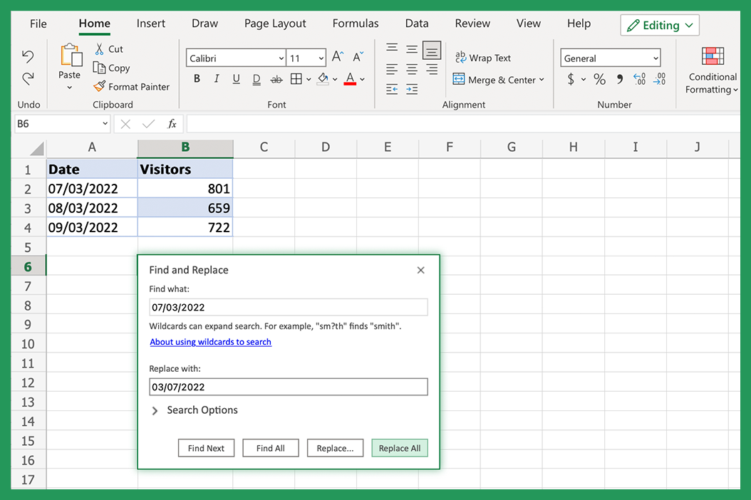 Screenshot showing how to change date format using Find and Replace in Excel