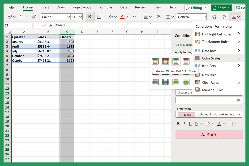 Screenshot showing how to create heat maps using conditional formatting.