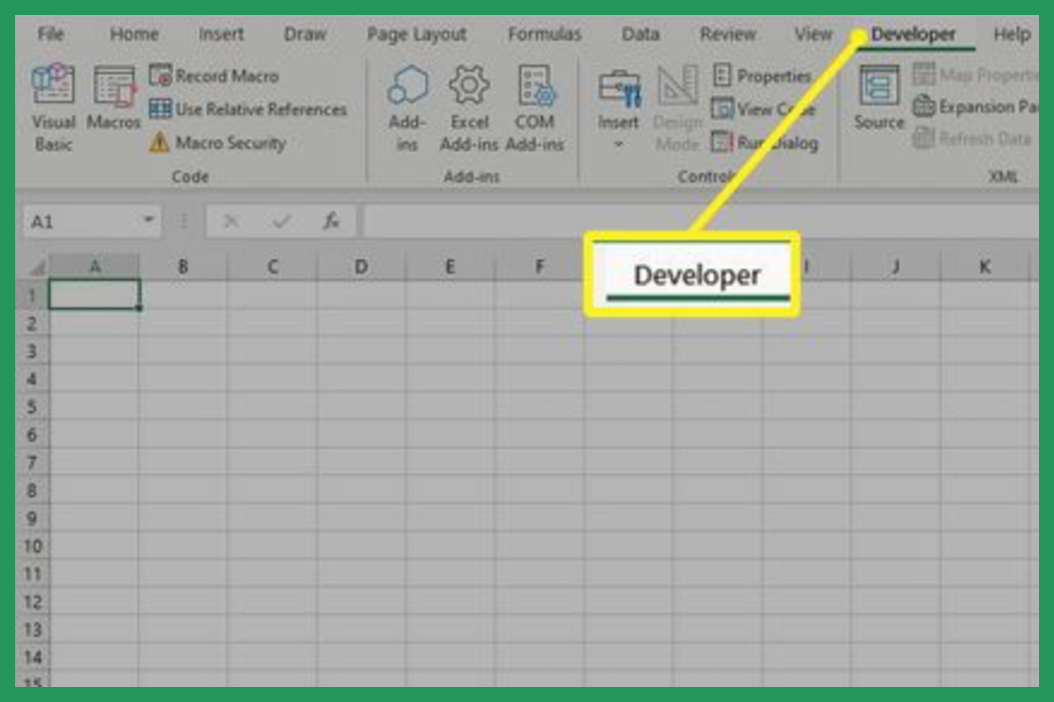 Screenshot showing location of Developer tab in Excel