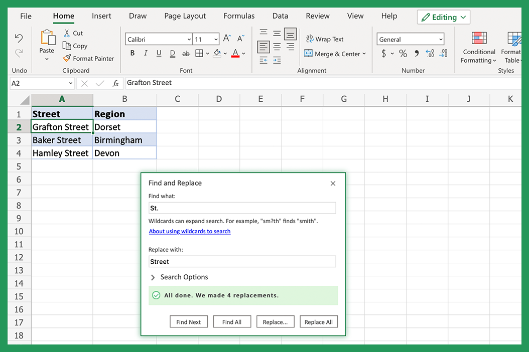 Screenshot showing successful find and replace result in Excel