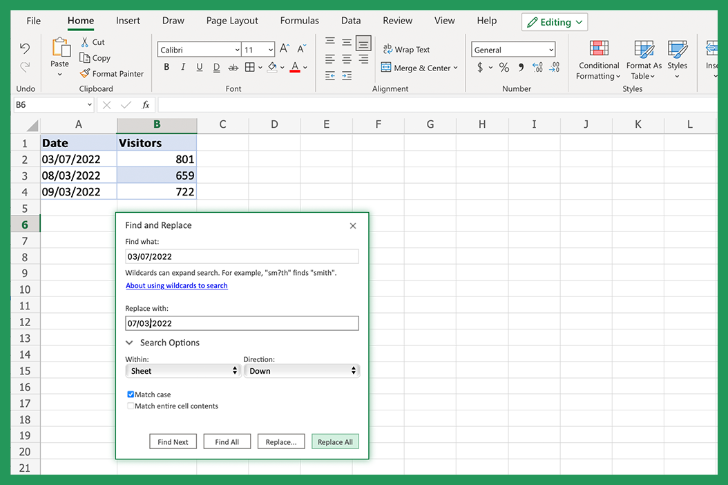 Screenshot showing location of Match Case advanced Find and Replace option in Excel