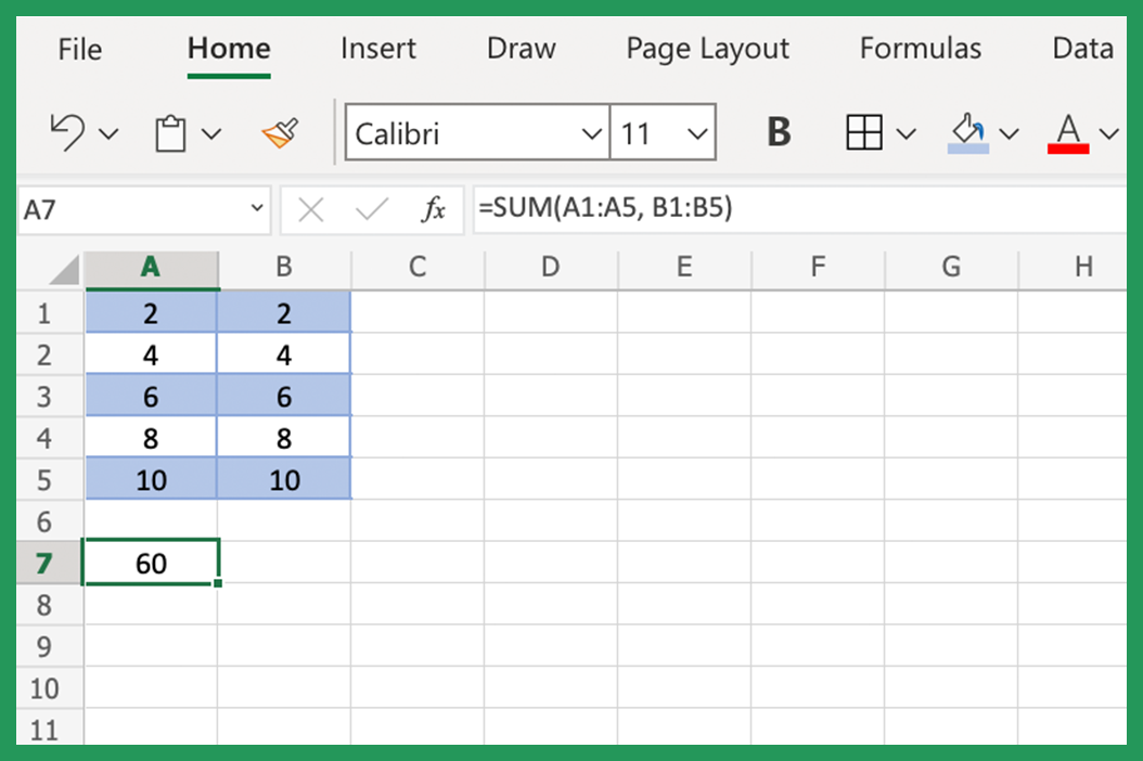 Screenshot showing multiple cell range SUM calculation