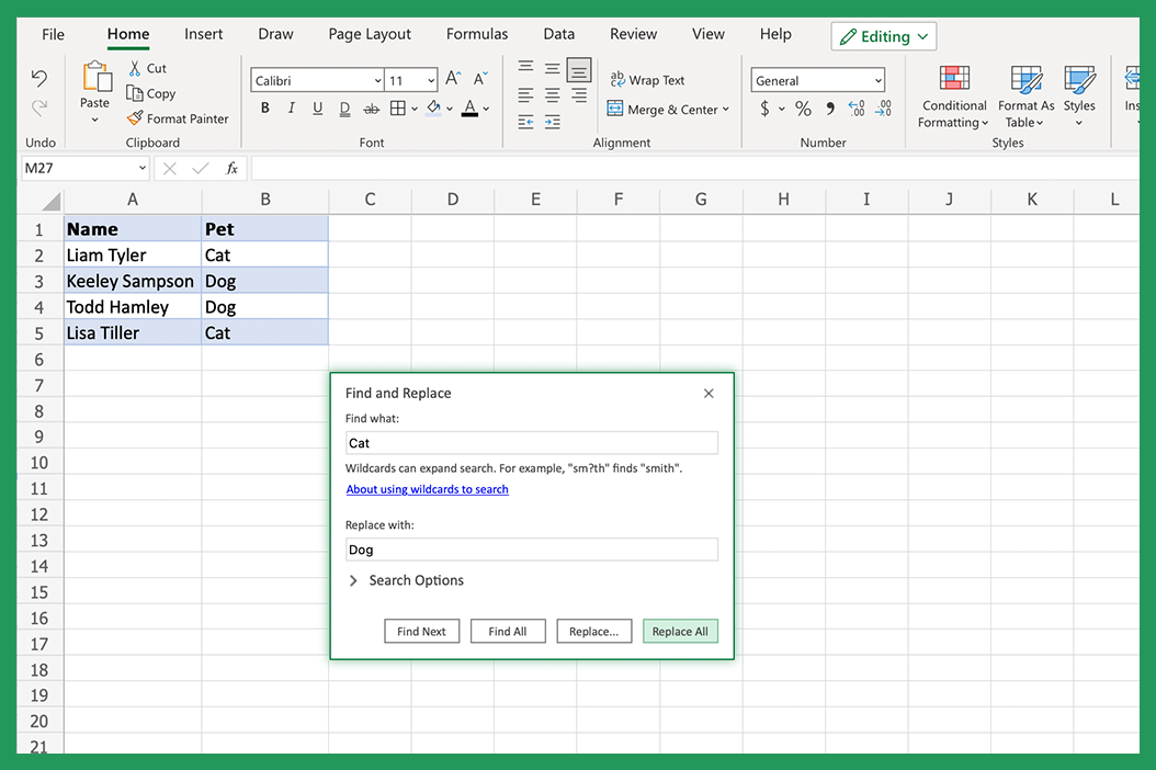 Replacing "Cat" with "Dog" in Excel