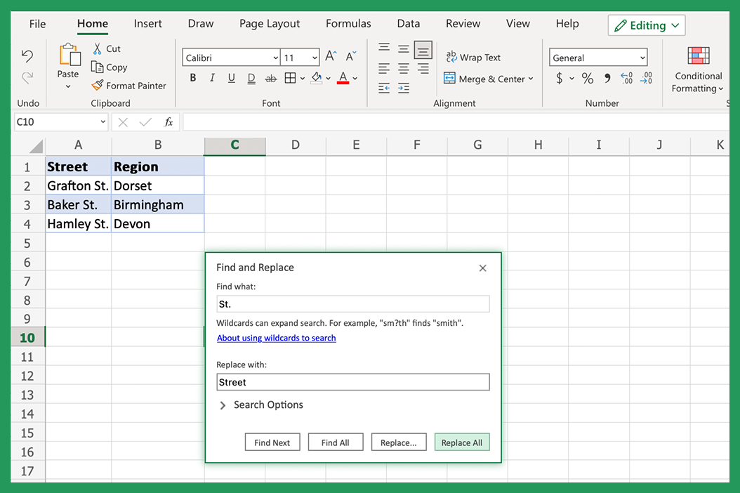 Replacing abbreviation St. with Street in Excel using Find and Replace