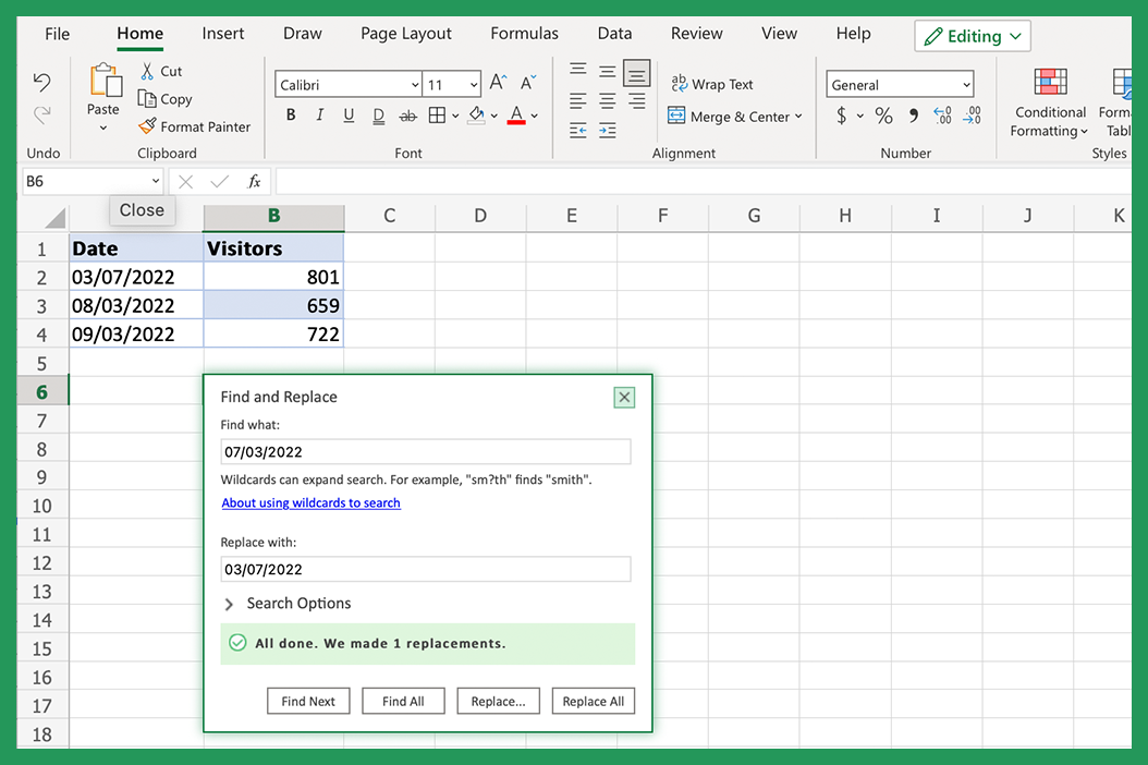 Screenshot of successful date format change using Find and Replace in Excel