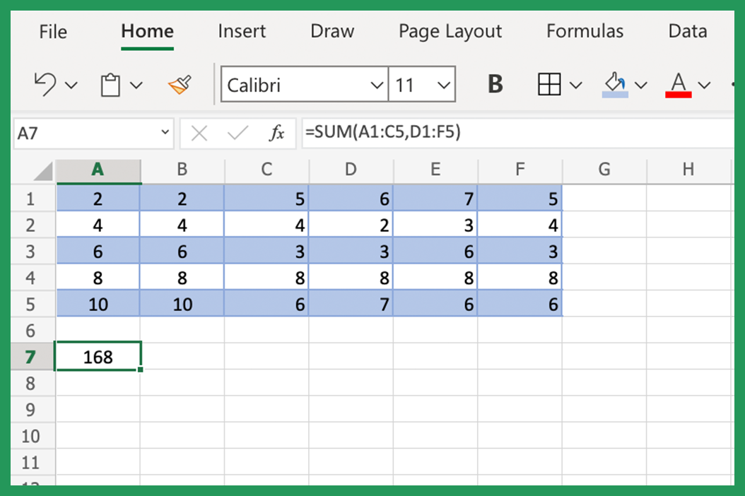Screenshot showing how to calculate multiple cell ranges using SUM