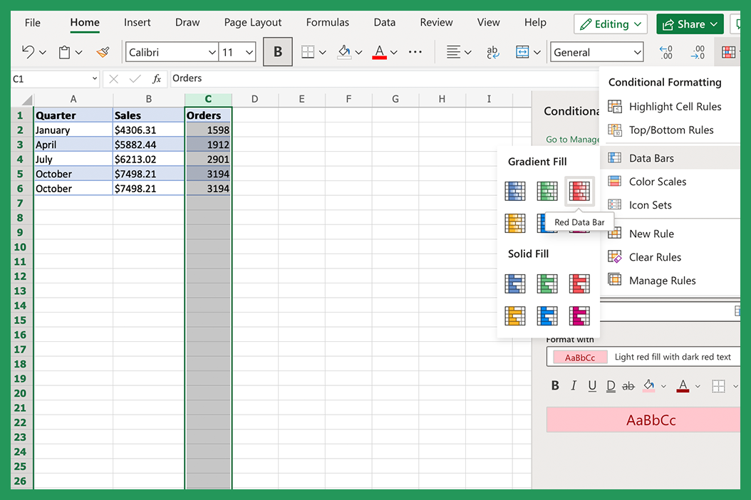 Screenshot showing how to create gradient fill data bar in excel