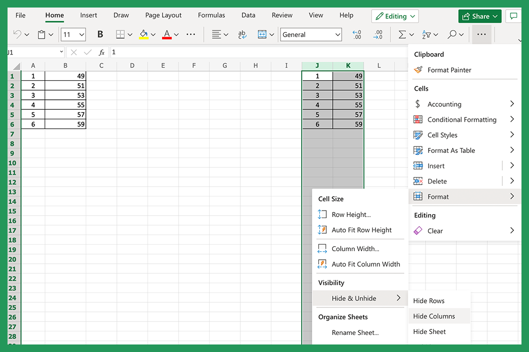 Image of Excel table showing how to hide columns