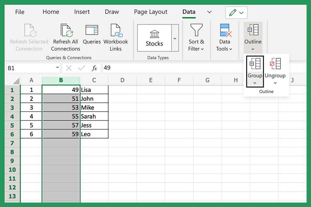 Screenshot of Excel worksheet showing how to Hide a Row using the Data Group Cell