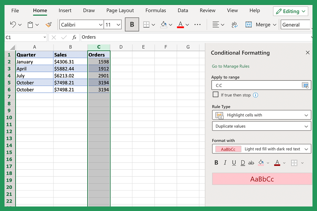 Screenshot showing how to highlight duplicate cells using conditional formatting