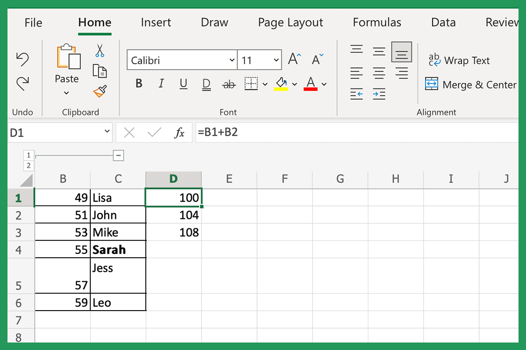 Screenshot showing how to add formulas to Excel
