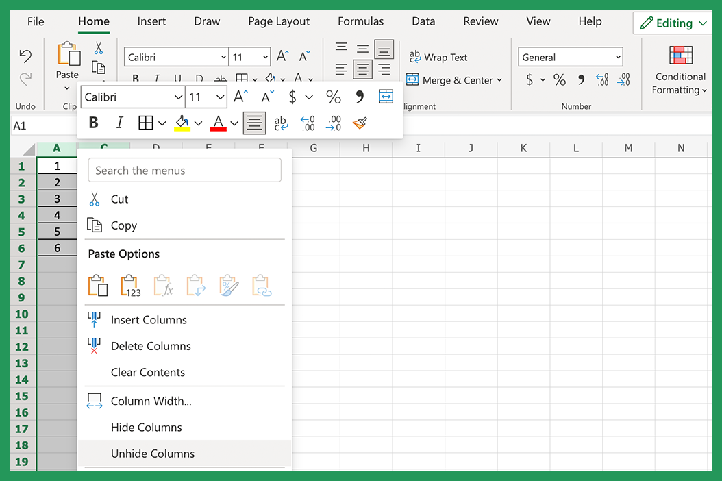 Screenshot showing how to unhide a column in Excel