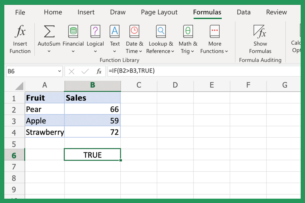 Screenshot showing =IF(B2>B3,TRUE) formula in excel