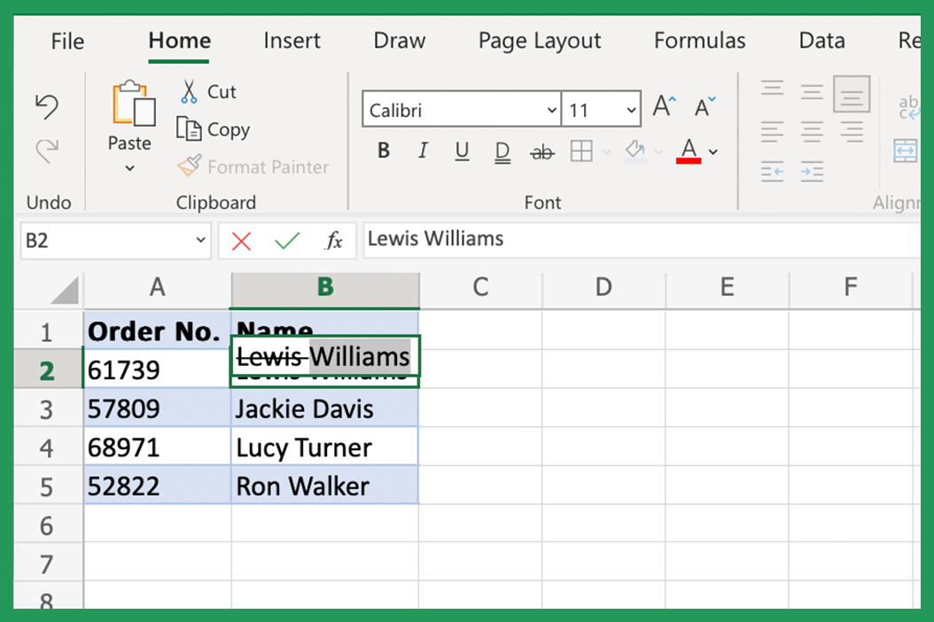 Screenshot showing partial strikethrough in Excel