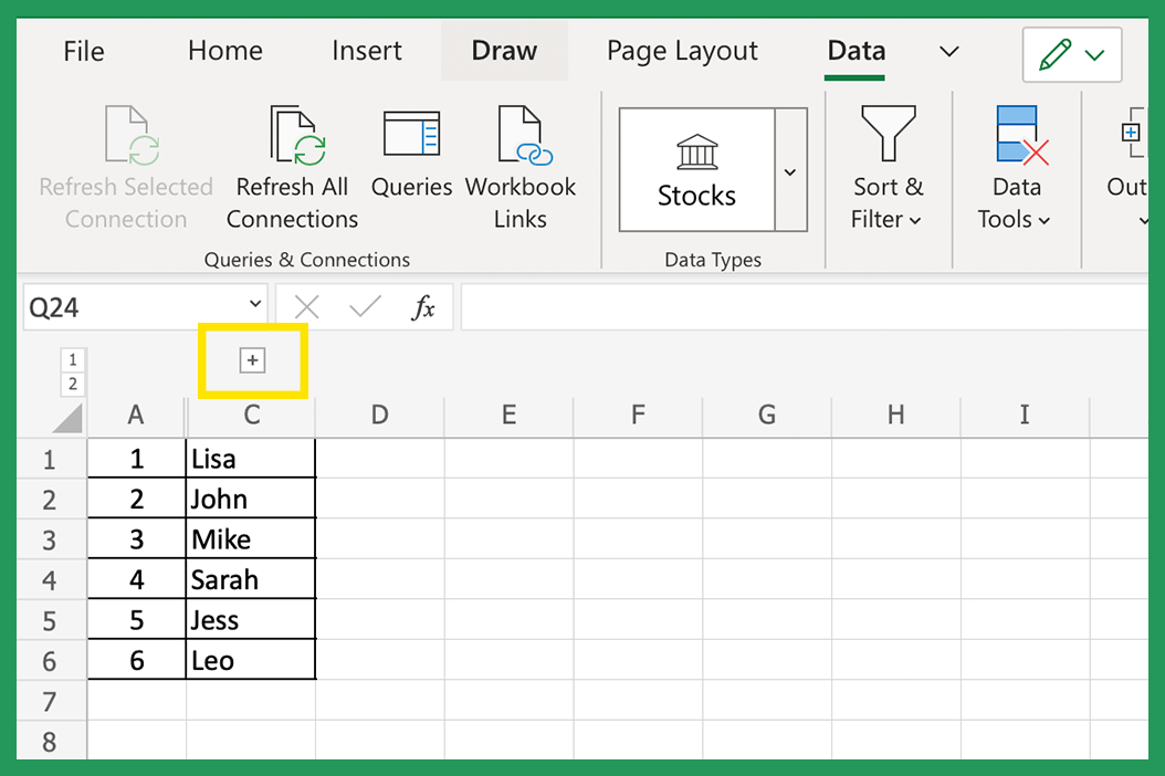 Excel screenshot showing the Plus sign to expand hidden column