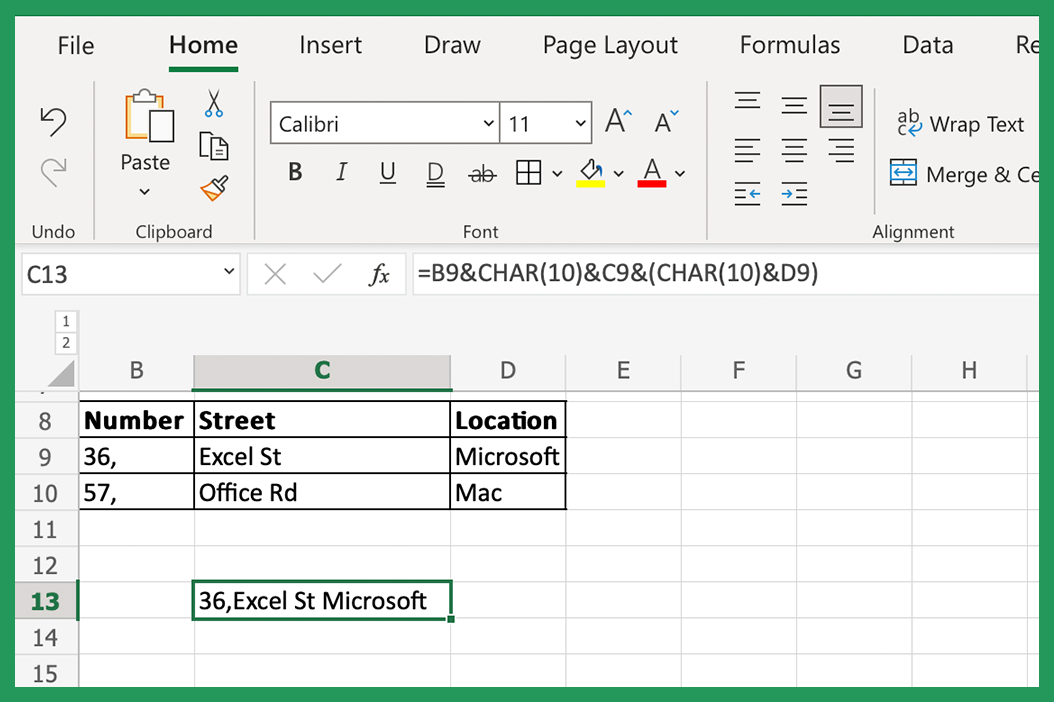 Screenshot showing how to add strings together with line breaks in Excel