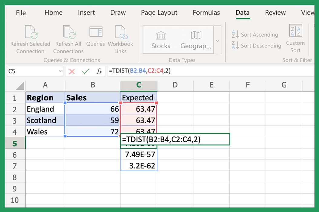 Using TDIST to calculate P-Value in Excel